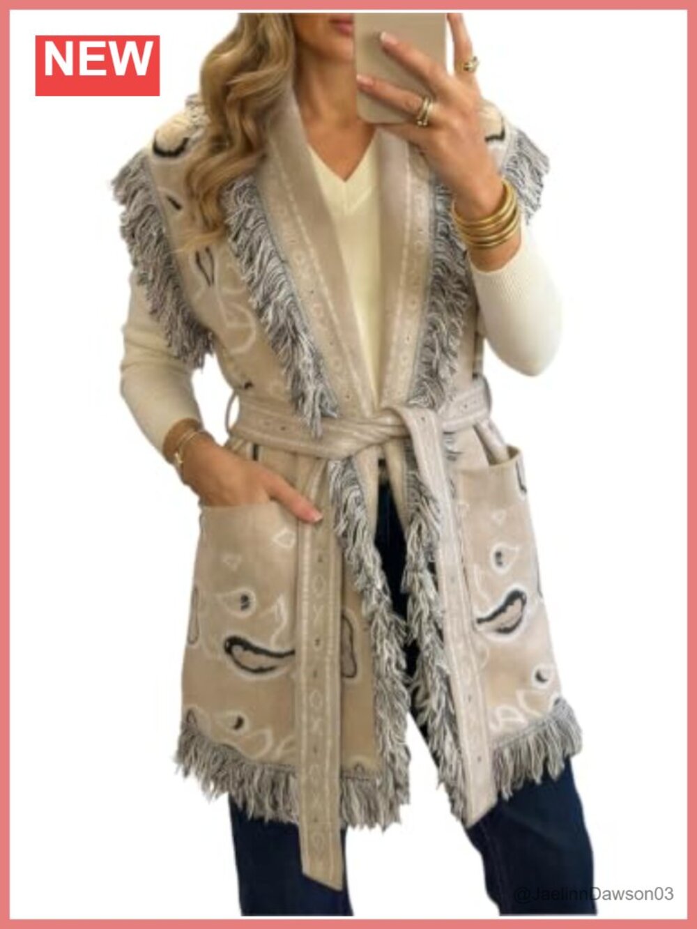 Womens Sleeveless Long Cardigan Fringe Shawl Collar Boho Paisley Wrap Belted